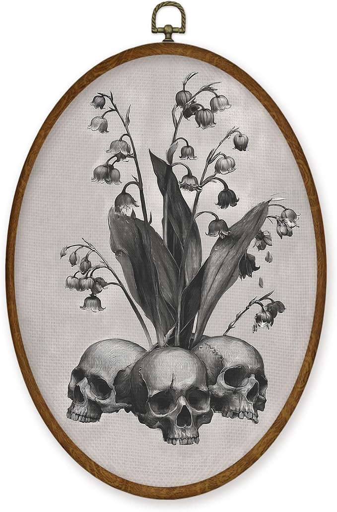 WULQYING Vintage Skull Flowers Wall Art Decor, Dark Cottagecore Academia Gothic Oval Framed Canvas Art Prints, Goth Witchy Skull Wall Hanging Decor for Home Bedroom Living Room, 8.6x11.4 Inches - skull painting