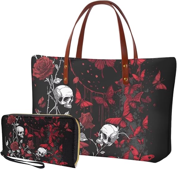 Lotusorchid Purse and Wallet Set, Large Tote and Wallet Set for Women, Lightweight Purses Set - sugar skull handbags for sale