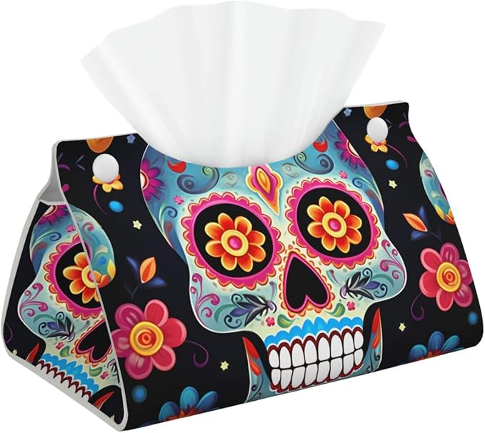 Modern Pu Leather Tissue Box Cover, Sugar Skulls Rectangular Tissue Holder Wipes Dispenser Paper Cover Case Napkin Holder for Car Bathroom Bedroom Office Tabletop Decor - skull toilet paper