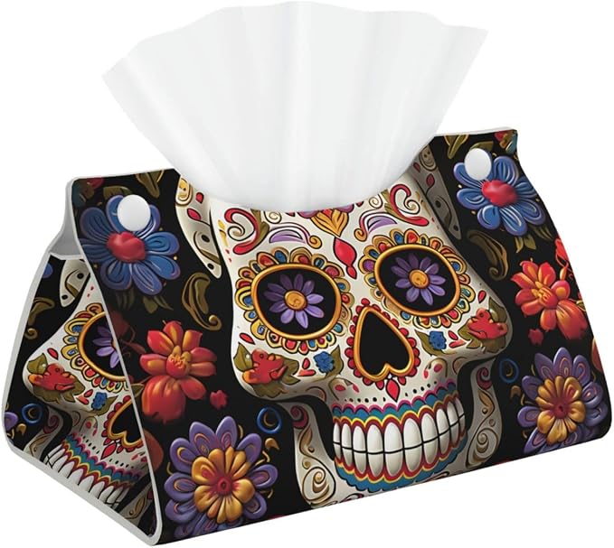 Modern Pu Leather Tissue Box Cover, Sugar Skulls Rectangular Tissue Holder Wipes Dispenser Paper Cover Case Napkin Holder for Car Bathroom Bedroom Office Tabletop Decor - skull toilet paper