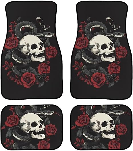 Skull Car 4 Piece Floor Mat Set Horror Halloween Skull Snake Universal Fit All Models Protection Gothic Rose Flower Black Heel Pad Fit Car Floor 2 Rows Set - skull floor mat