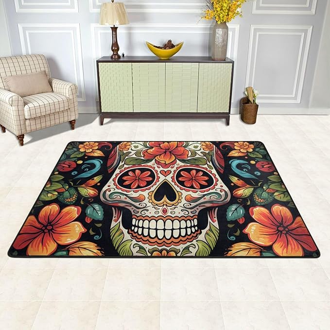 Area Rugs for Living Room 36X24 inch Non-Slip Doormat Low Profile Floor Mats Colorful Sugar Skull Area Rug Entrance Mat Machine Washable Carpet for Bedroom Dining Room Office Home Decor - skull carpet