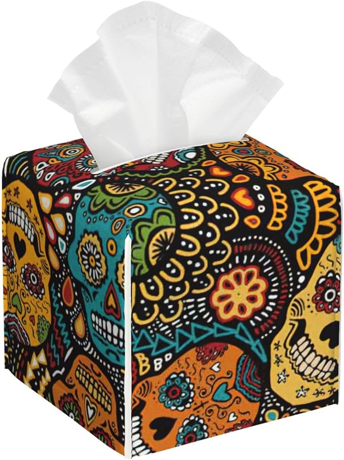 Sugar and Skulls Style Print Tissue Box Cover,Square Facial Paper Organizer Dispenser for Bathroom Countertop, Nightstand, Bedroom - skull toilet paper