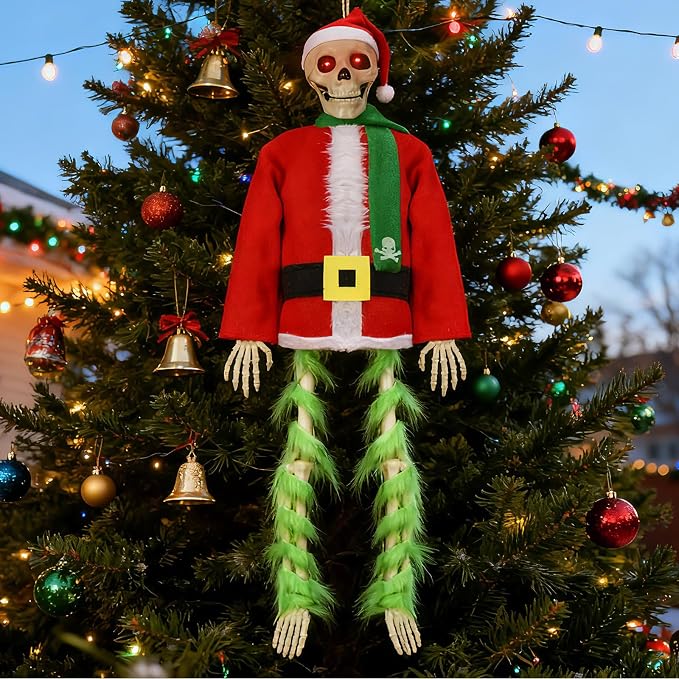 4 ft Hanging Skeleton Christmas Outfit Scary Skull Santa Dress for Outdoor Indoor Garden Halloween Xmas Party Decor - skeleton