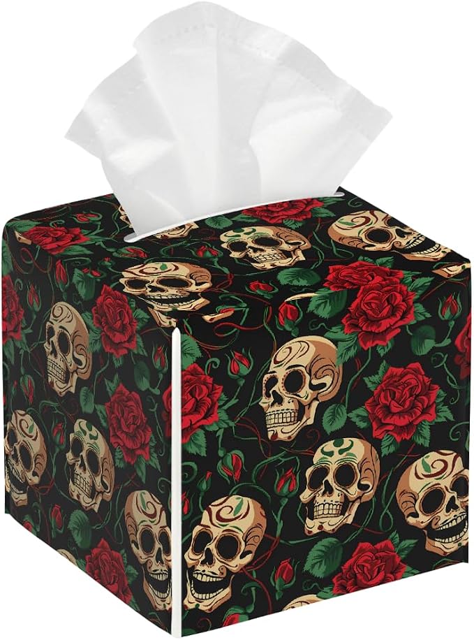 Rose Day of The Dead Skull Tissue Box Cover Leather Tissue Box Case Holder Decorative Facial Paper Organizer for Car Bathroom Tabletop - skull toilet paper