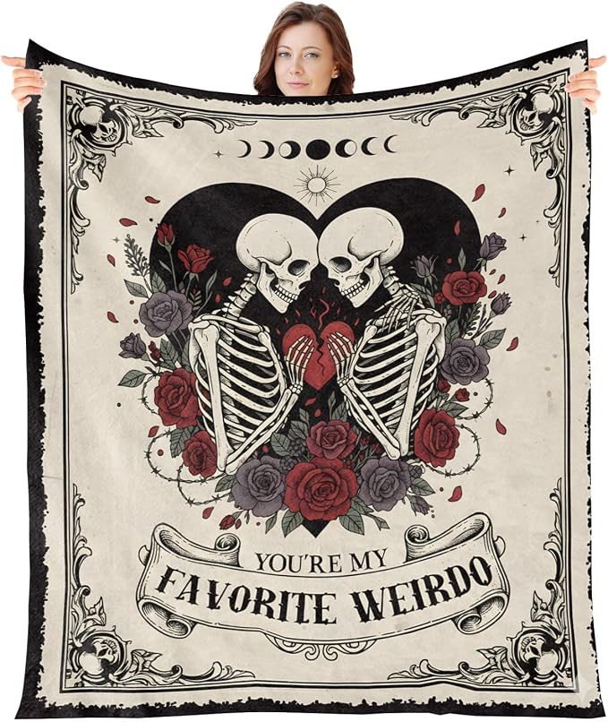 Wxiben Couple Gift Blanket for Her Him Valentine Anniversary Skull Blanket Gifts for Women Men I Love You Gift Wedding Birthday Gift for Husband Wife Skeleton Blankets for Sofa Couch 60 x 50 Inch - skull blanket