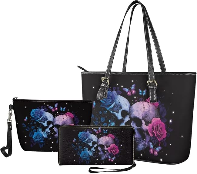 Womens Tote Bag Leather Wrislet Wallet Cosmetic Purse 3 Pack Handbag and Wallet Set Top Handle Shoulder Bag for Ladies - sugar skull handbags for sale