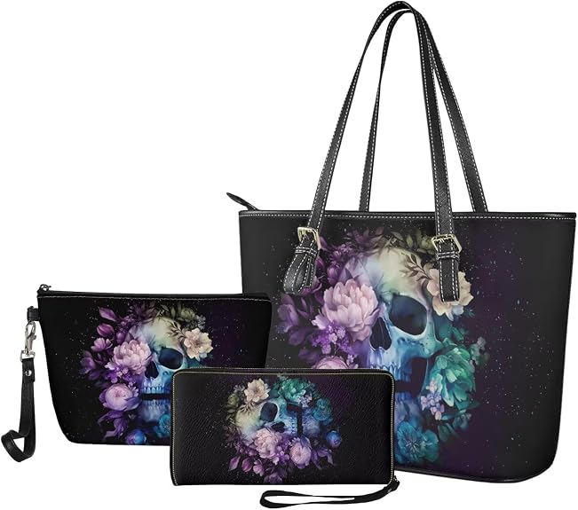 Womens Tote Bag Leather Wrislet Wallet Cosmetic Purse 3 Pack Handbag and Wallet Set Top Handle Shoulder Bag for Ladies - sugar skull handbags for sale