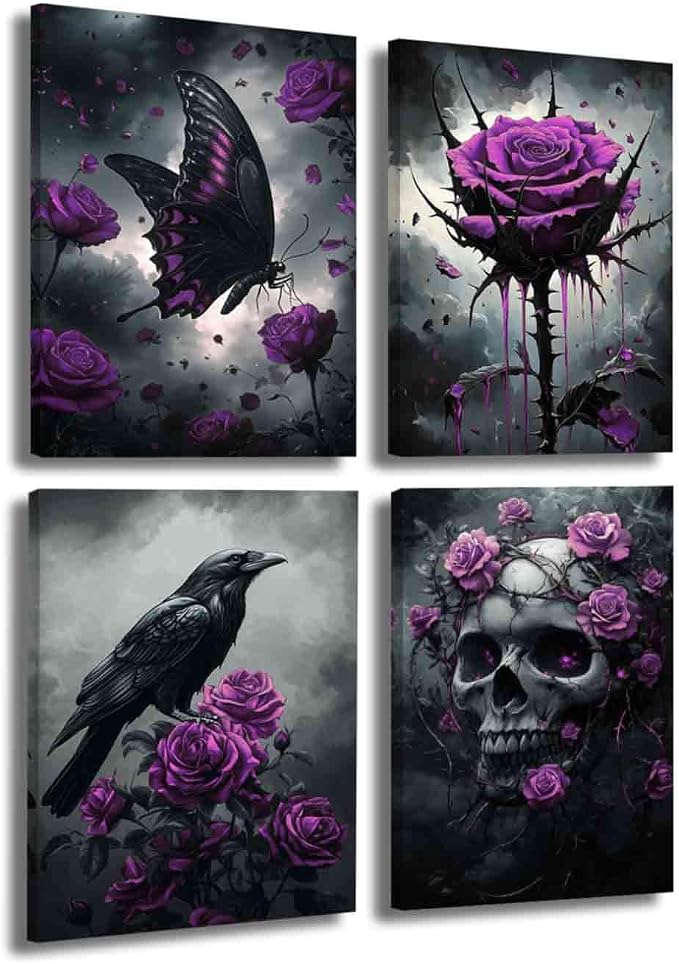 LZIMU 4Pcs Gothic Wall Art Romantic Rose Picture Raven Crow Butterfly Skull Canvas Print Dark Goth Horror Aesthetic Poster Black White Painting Halloween Home Decor (Purple, (8x12inx4 Pieces)) - skull wall art