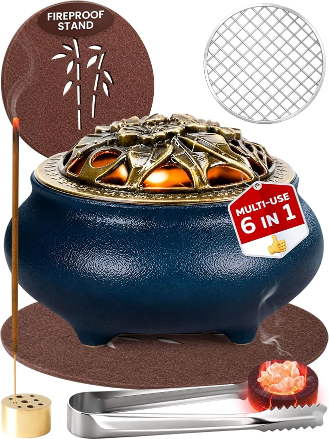 Frankincense Resin Incense Burner Set and Censer with Ash Catcher – Incense Holder for Charcoal, Sticks & Cones | Heat-Resistant Metal Design for Home, Meditation, Yoga - skull incense burner