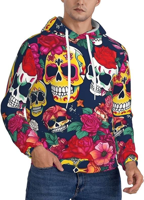 Sugar And Skulls And Flowersprint Men'S Pullover Hooded Sweatshirts With Kangaroo Pocket For Adult - skull sweatshirts