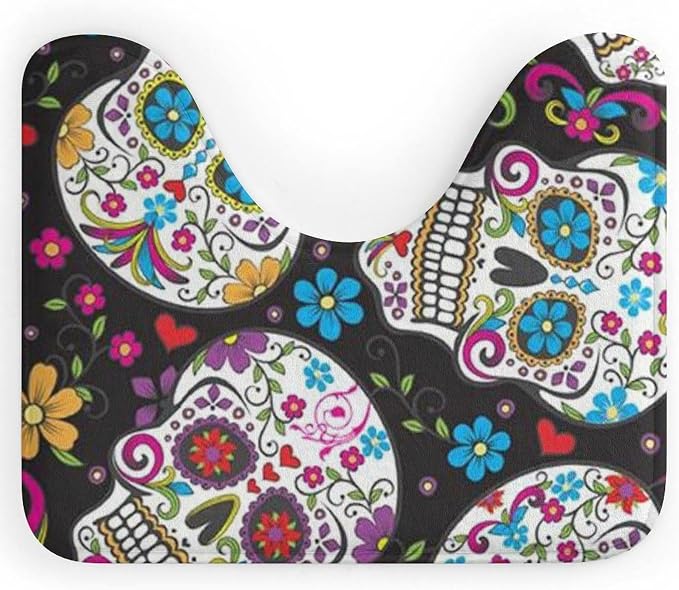Flower Sugar Skull Floor Mat Non-Slip Comfort U-Shaped Toilet Mat Ultra Soft Easy Clean Bathtub Rug Super Absorbent U-Shaped Rug for Bathroom Dressing Table Guest Room - skull toilet mat
