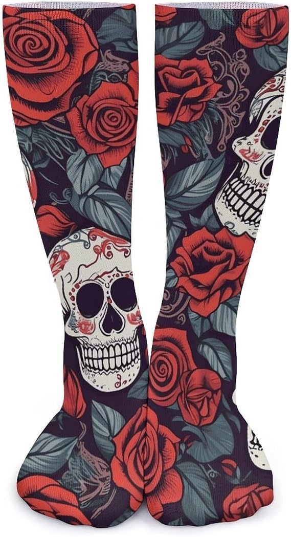 Sugar Skulls And Red Roses Socks Warm Thick Cozy Crew Hiking Boot Socks Casual Knee High Sock for Women Mom - sugar skull boots