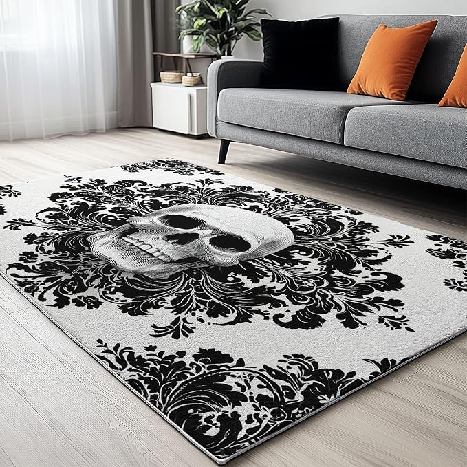 3 x 4 ft Washable Area Rug Black White Ultra Soft Area Rug Traditional Floor Cover, Foldable Rug Indoor Non Slip Carpet Tattoo Art Skull Floral Print Mat Bedroom Living Room Kitchen - skull carpet