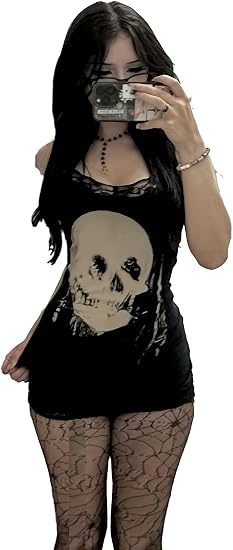 Gothic Skull Print Tank Dress, Black, Lace Trim, Fitted Style - sugar skull dress