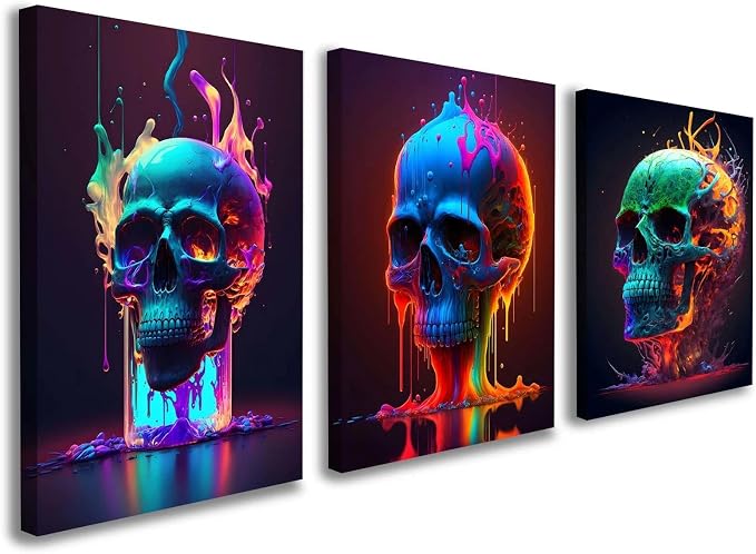 3 Piece Canvas Wall Art Set Framed Modern Abstract Colorful Skull Artwork for Living Room, Bedroom, Office, or Gaming Room Decor, Includes Hooks and Nails, 12x16 Inch - skull wall art