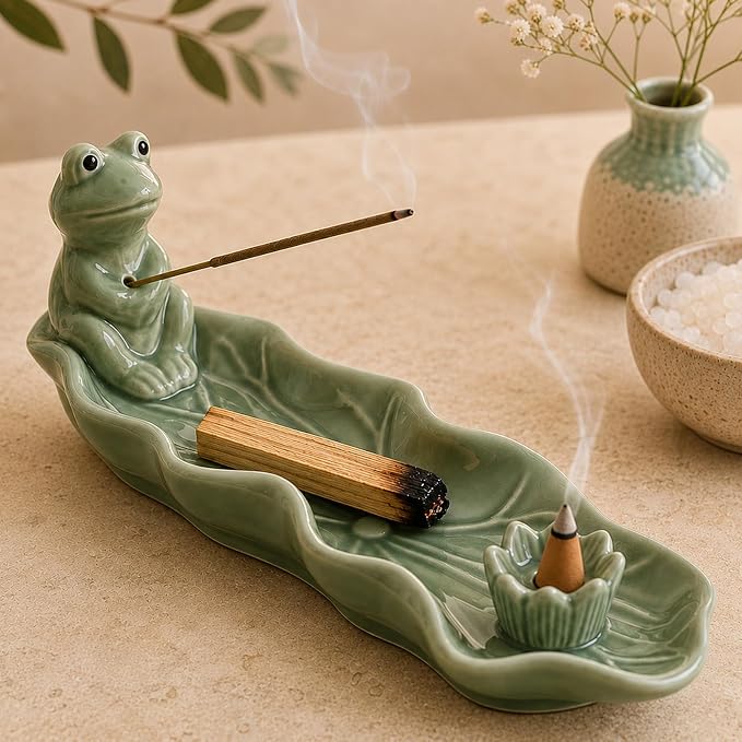 Frog Incense Holder for Sticks, Handmade Ceramic Holder for Burning Sage Sticks, Palo Santo, Cone and Backflow, Incense Burner for Meditation Room Home Decor, Frog Spiritual Gifts for Women - skull incense burner