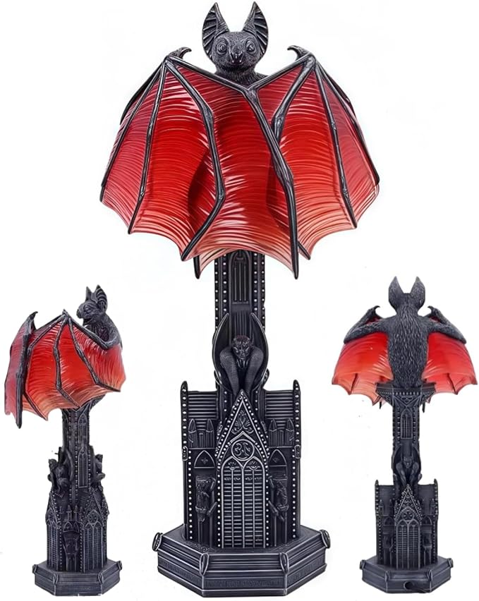 Gothic Wings of Night Halloween Lamp, Gothic Wings of Night Halloween Light with Red Glow, Handcrafted Resin, Cathedral Base Vampire Table Lamp for Spooky Horror Room or Witchy Nights Setting - skull lamp