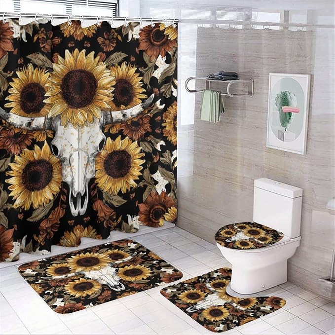 4 Pcs Modern Bohemian Bull Skull Shower Curtains,Abstract Sunflower Wildlife Nature Theme Bathroom Set Shower Mat Shower Curtains Rug 12 Hooks - skull toilet mat