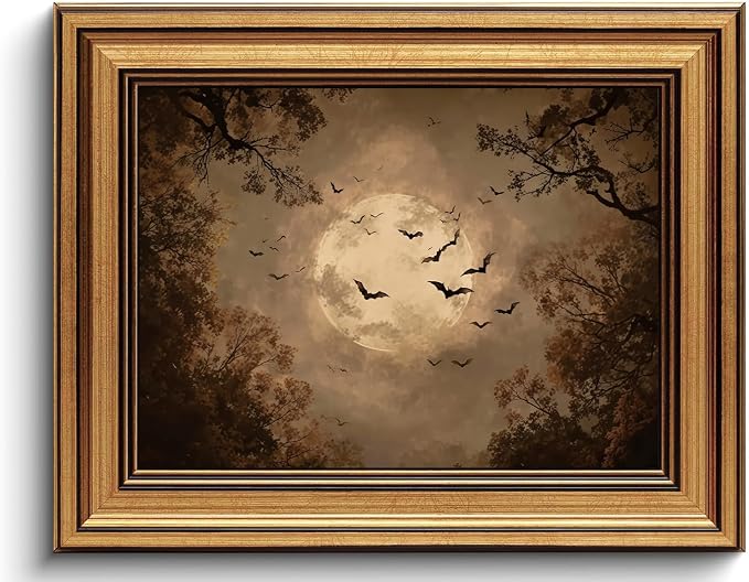 Gothic Moon Bat Gold Framed Canvas Wall Art 8x10 - skull wall art
