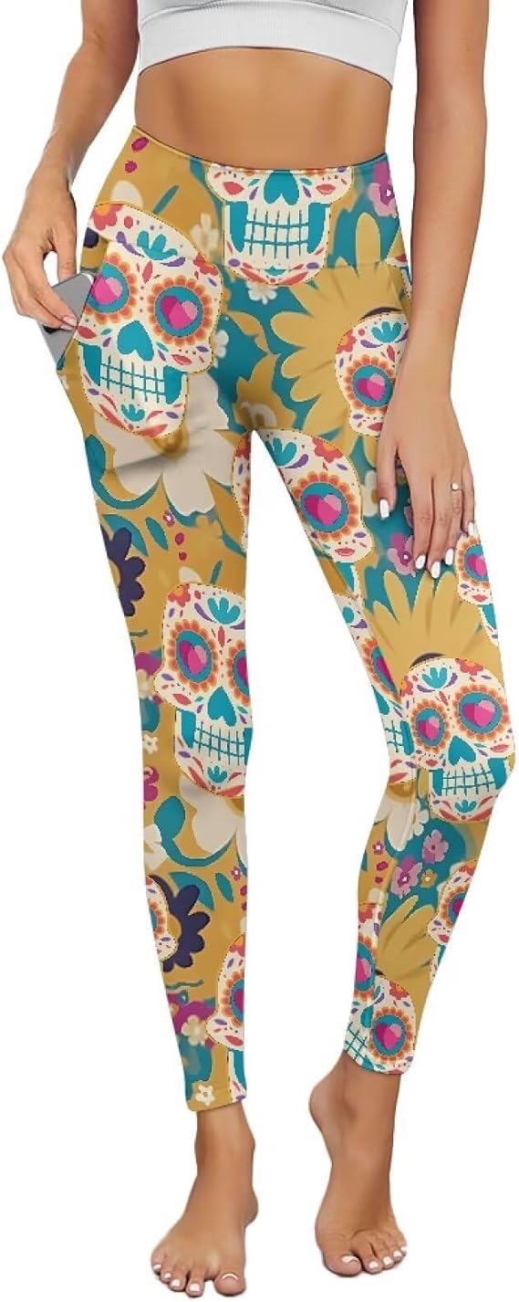 Luck Clover Women Yoga Leggings, Polynesia Sea Turtle Pocket Running Pants, Tie-Dye Yoga Cycling Skinny Pants - skull leggings
