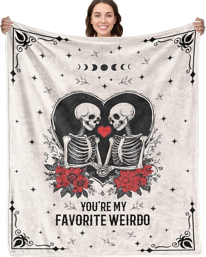 Funny Valentine Gift Blanket for Women Men with Gothic Skulls Themed Blanket – 50 x 60 Inch Soft Comfort Flannel Blankets for Girlfriend/Boyfriend/Wife/Husband/Couples Loving Blankets for Bed Sofa
