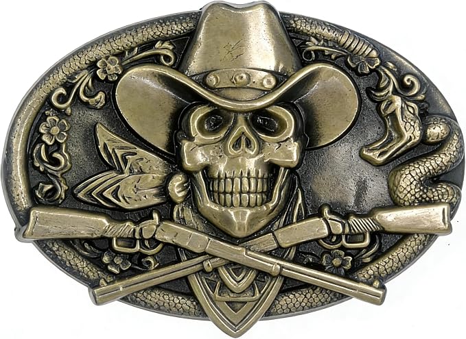 Skull Cowboy Western Belt Buckle, Retro Metal Embossed with Rattlesnake & Double Guns, Mens Biker Accessory - skull wallet