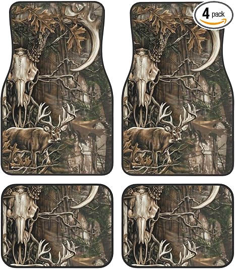 Car Mats Set of 4 Deer Hunting Camo Bull Skull Floor Mats for Cars Universal Front Rear Vehicle Rugs Auto Accessories for Truck Sedan - skull floor mat