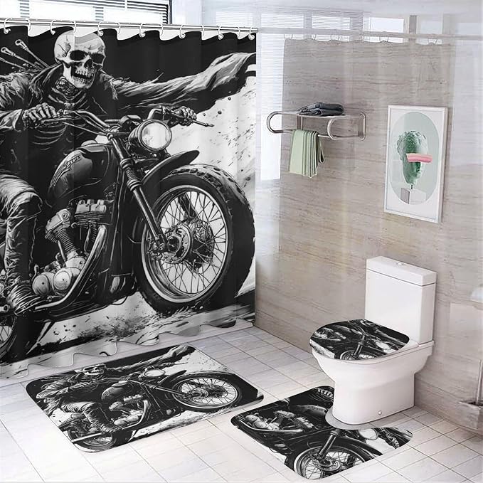 Skull Rider Motorcycle Halloween Bathroom Sets with Shower Curtain and Rugs Bathroom Shower Curtain Sets with Rugs 4 Piece Set Rug Sets - skull toilet rug