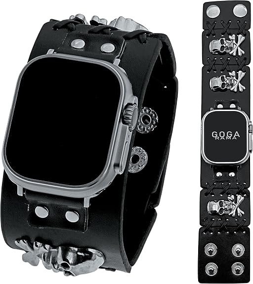 Leather Skull Cuff Punk Button Bracelet Compatible with Apple Watch Bands 49mm 46mm 45mm 44mm 42mm 41mm 40mm 38mm,Cool Steampunk Strap for Apple iWatch Ultra2/Ultra Series 10/9/8/7/6/5/4/3/2/1/SE/SE2 - skull watch