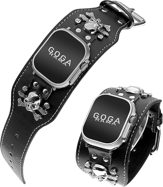 Leather Skull Cuff Punk Bracelet Compatible with Apple Watch Bands 49mm 46mm 45mm 44mm 42mm 41mm 40mm 38mm,Cool Steampunk Strap for Apple iWatch Ultra2/Ultra Series 10/9/8/7/6/5/4/3/2/1/SE/SE2 - skull watch