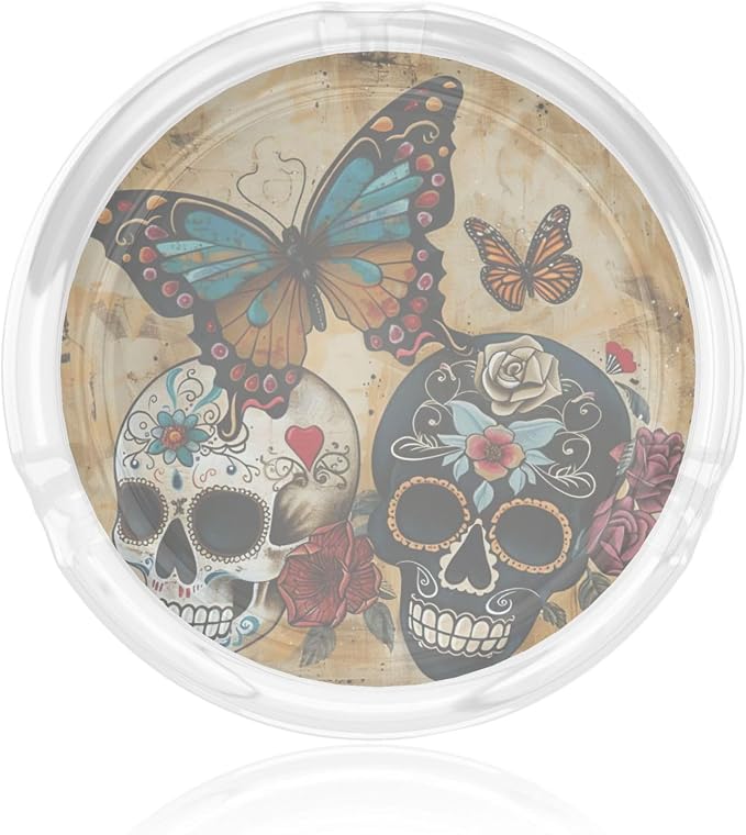 Sugar Skulls Butterfly Print Portable Decorative Modern Ashtray For Home Office Indoor Outside Patio Outdoor Balcony - skull ashtray