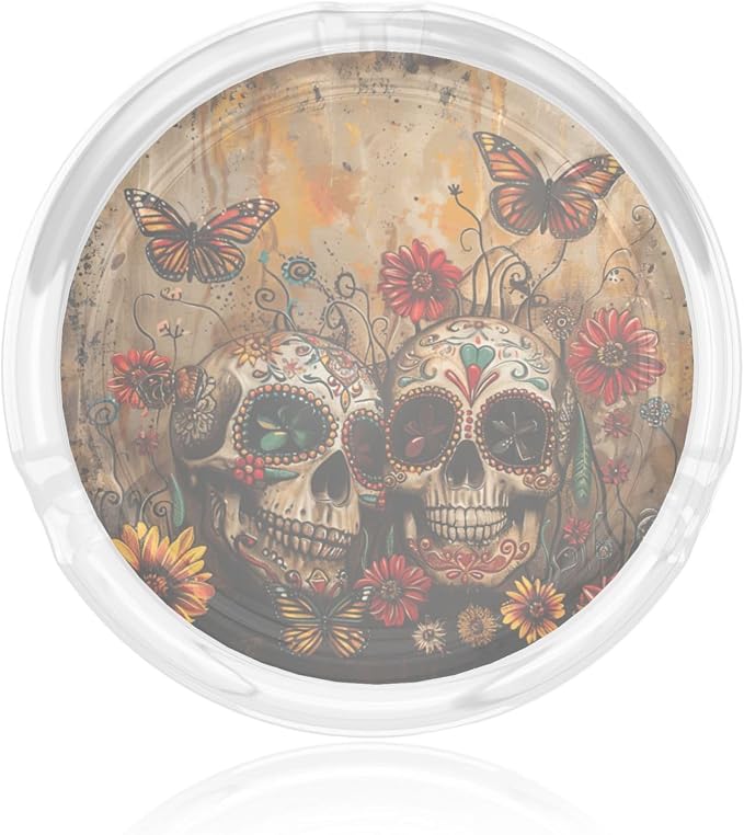 Sugar Skulls Butterfly Print Portable Decorative Modern Ashtray For Home Office Indoor Outside Patio Outdoor Balcony - skull ashtray