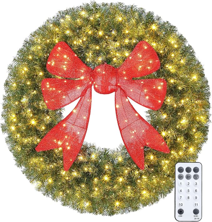 HOMCOM 60in Flocked Pre-Lit Artificial Christmas Wreath with 3D Red Bow - skull wreath