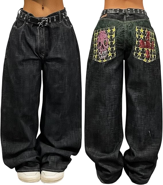 EMMIOL Women Hip Hop 90s Vintage Baggy Jeans Denim Pants Mid Waist Jeans - sugar skull boots
