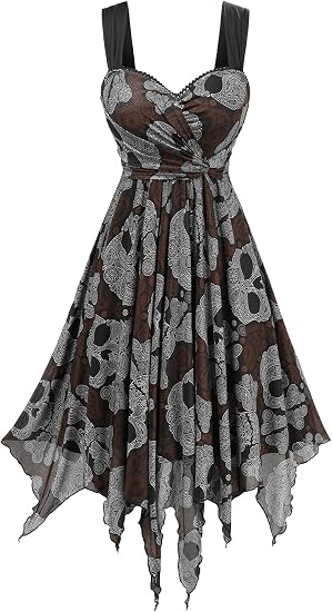 ROSE GAL Women Plus Size Retro Gothic Dress Paisley Skull Print Layered Handkerchief Midi Tank Dress