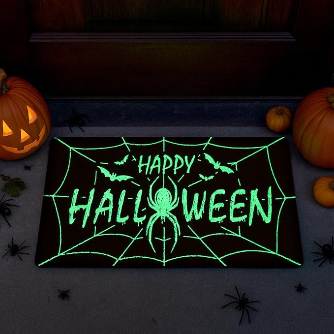 Tinideya Happy Halloween Door Mat Outdoor Non Slip Coir Rug Welcome Glow in the Dark Doormats Luminous Entrance Rugs for Holiday Decoration 17 x 30 Inch(Spider Bat)