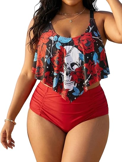 Rosegal Women Plus Size High Waisted Bikini Skull Rose Print Two Piece Bathing Suits Tummy Control Swimwear - skull swimsuit