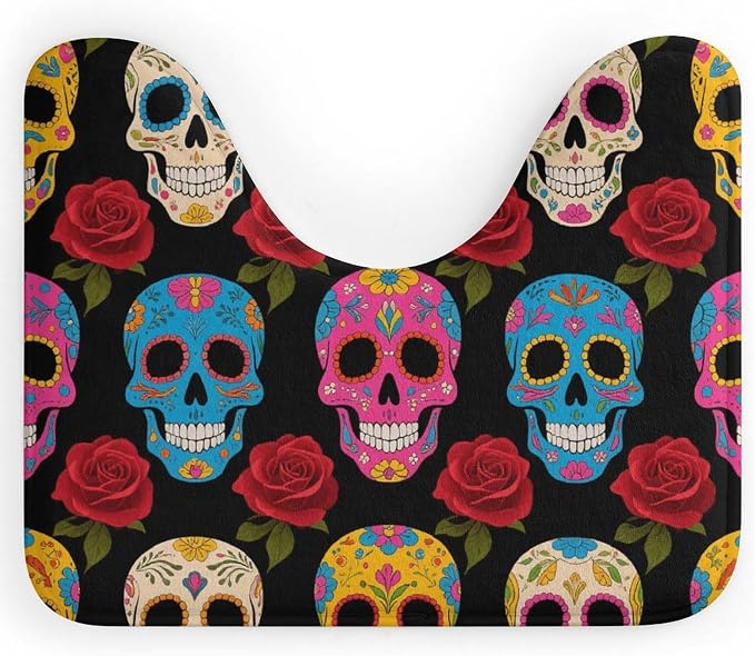 Sugar Skulls Toilet Rugs U Shaped Non Slip Bath Mat Washable Absorbent Soft Microfiber Contour Bathroom Rug Quick Dry Area Rugs for Tub Shower Bath Floor Mat Toilet Base 20x16 Inch - skull toilet mat