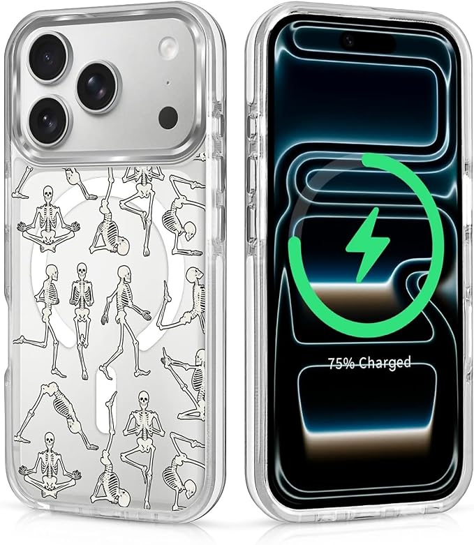 Compatible with iPhone 18 Pro 17 Pro White Case for MagSafe,Clear Classic Hybrid Magnetic Scratch Resistant Back Drop Protection Funny Skulls for Yoga Case - Skull phone case