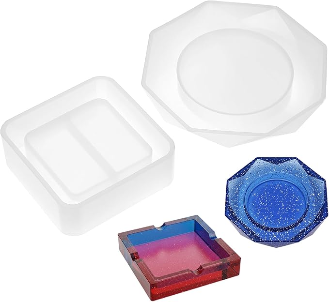 QWORK Silicone Ashtray Resin Mould, 2 Pack Square & Round/Prismatic Casting Moulds for Resin Crafts, Reusable DIY Epoxy Moulds for Ashtrays and Handmade Decorations - skull ashtray