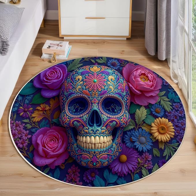 Round Rug 2Ft Mexican Sugar Skull Machine Washable Area Rug Kitchen Indoor Circle Ultra-Thin Non-Slip Gothic Flowers Print Carpet for Farmhouse Dining Room Living Room, Violet - skull carpet
