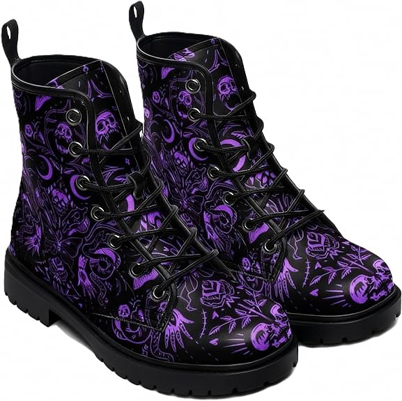 Women Ankle Boots Goth Skull Floral Rose Flame Lace-up Leather Lightweight Combat Booties Round Toe Platform with Jeans Dress Fashion Casual Everyday Travel Party Spring Fall Winter - sugar skull boots