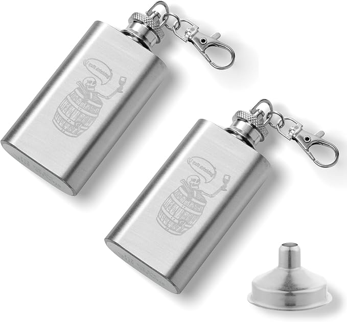 2pcs I Quit Drinking Mini Stainless Steel Pocket Wine Bottle Portable Skull Barrel Pattern Hip Keychain Flask 2oz Leak Proof Whiskey Vessel with Funnel for Men & Women - skull bottle
