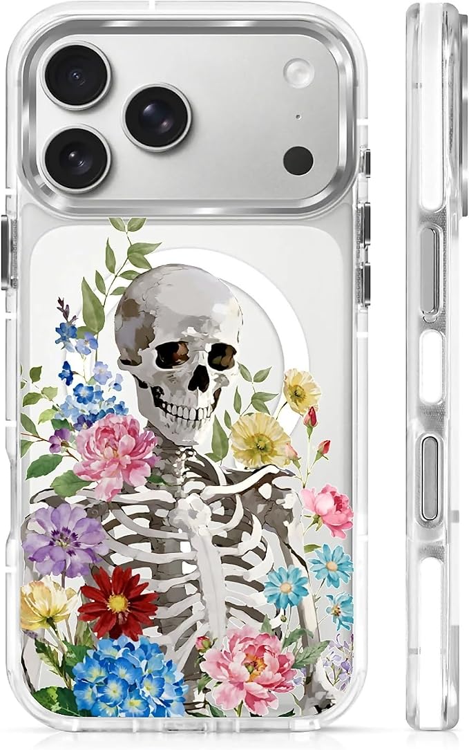 for iPhone 17 Pro Max/iPhone 18 Pro Max Case [Compatible with Magsafe],Girls Women Clear Magnetic Case Silicone Shockproof Protective Cover with Pattern Flowers Skull - Skull phone case