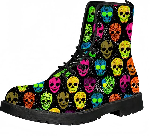Women's Ankle Booties with Dog Butterfly FLowers & Floral Print Stylish Gothic Combat Boots Fashion Lace-up Chunky Heel Platform Leather Boots for Ladies Halloween Christmas Party(Customizable) - sugar skull boots