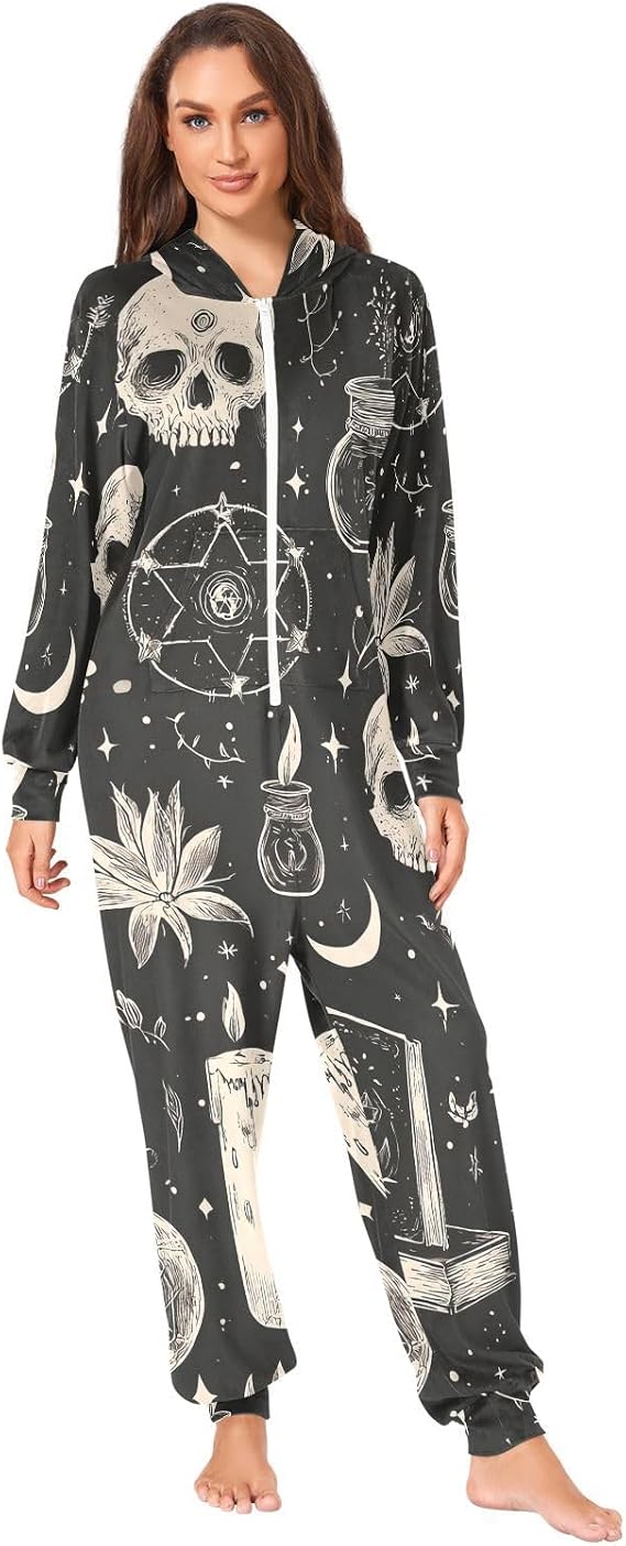 Adult Onesie Pajamas for Women Men One-Piece Costume Hooded Sleepwear Jumpsuit - skull pajamas