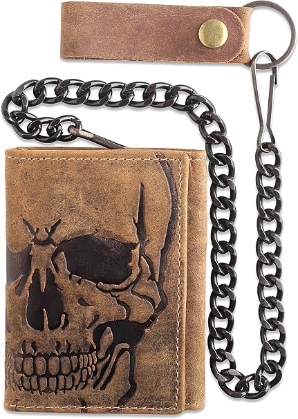 F&L CLASSIC RFID Blocking Men’s Tri-fold Vintage Biker Cowhide Leather Steel Chain Wallet,Snap closure, brown,skull,315-70
