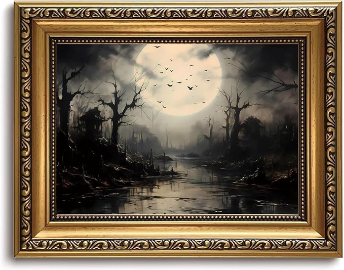 Vintage Gold Framed Wall Art Moody Halloween Canvas Art Prints - skull painting