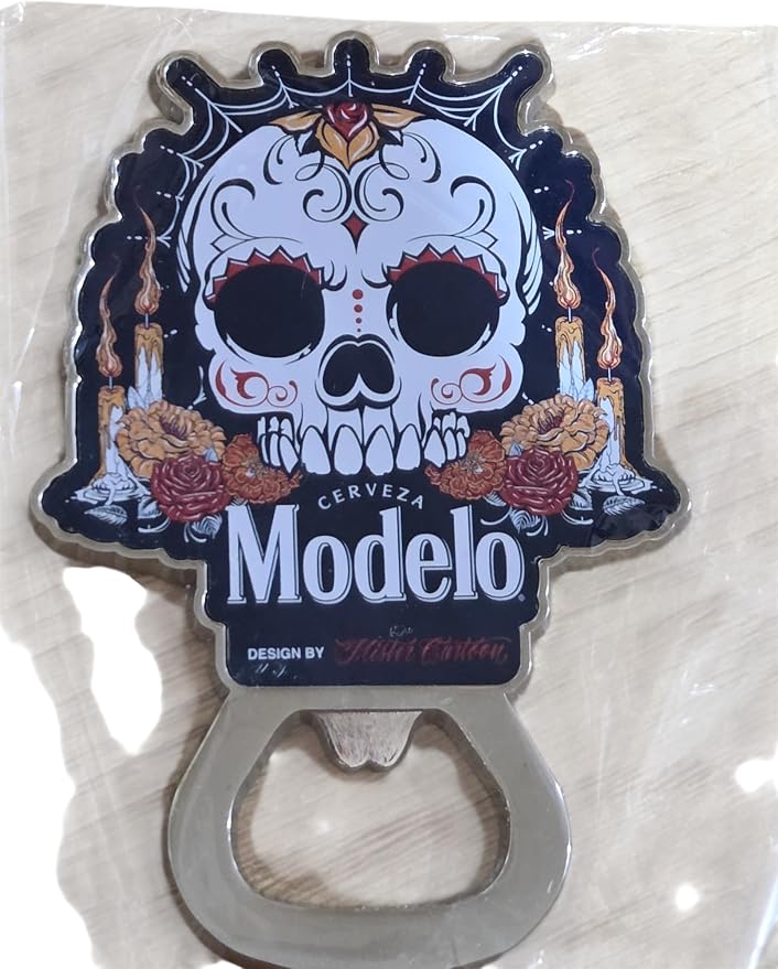 Modelo Day of the Dead Sugar Skull Bottle Opener, Metal Design - skull bottle